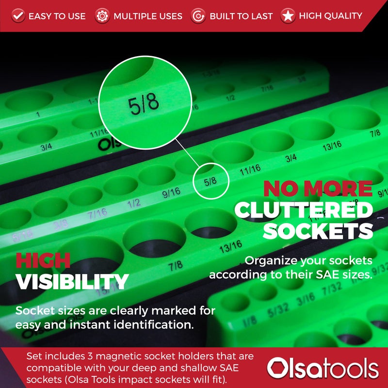 Olsa Tools منظم مفاتيح أوسلا المغناطيسي | مجموعة حوامل مفاتيح مكونة من 3 قطع | 1/2 بوصة، 3/8 بوصة، و 1/4 بوصة | SAE أخضر | يحمل 68 مفتاح | منظم أدوات بجودة احترافية - Image 2